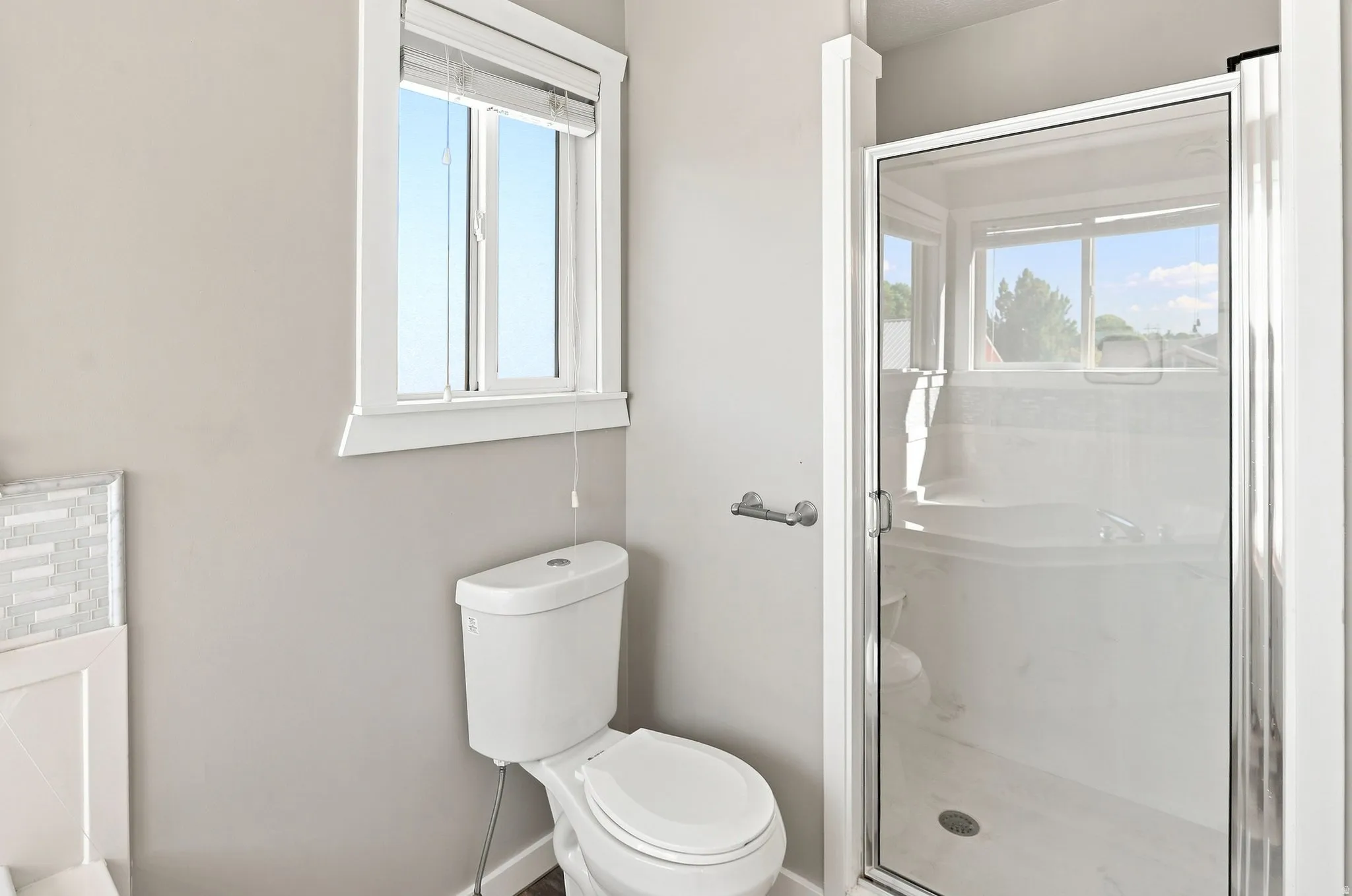 Window with blinds, white toilet, and glass-enclosed shower