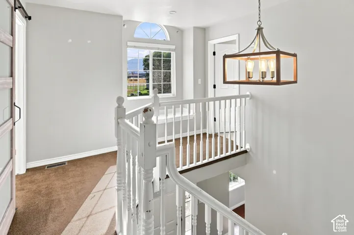 White baluster railing with wood-finish top rail