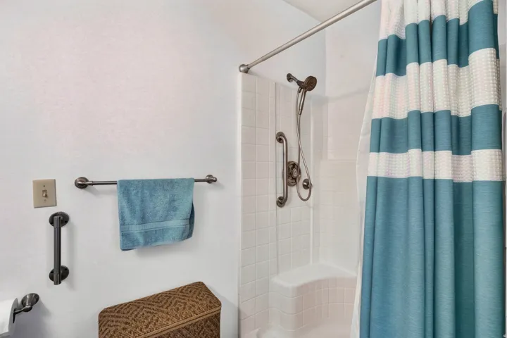 Shower stall with integrated seating, bronze-finish shower fixtures, and grab bars
