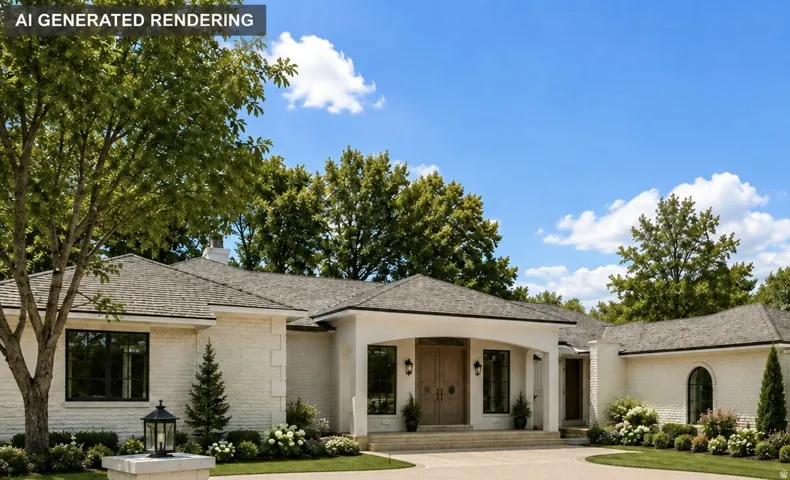 White brick exterior with a dark shingle roof