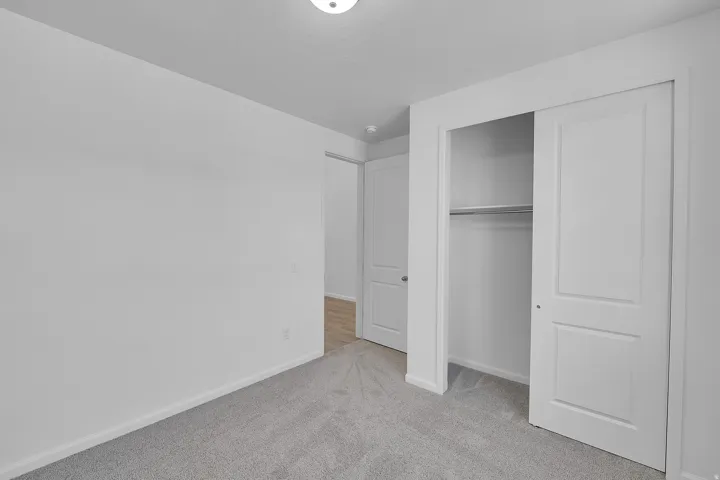 Neutral gray carpeting and white painted walls