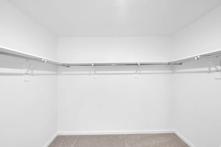Integrated shelving system with hanging rods and carpeted flooring