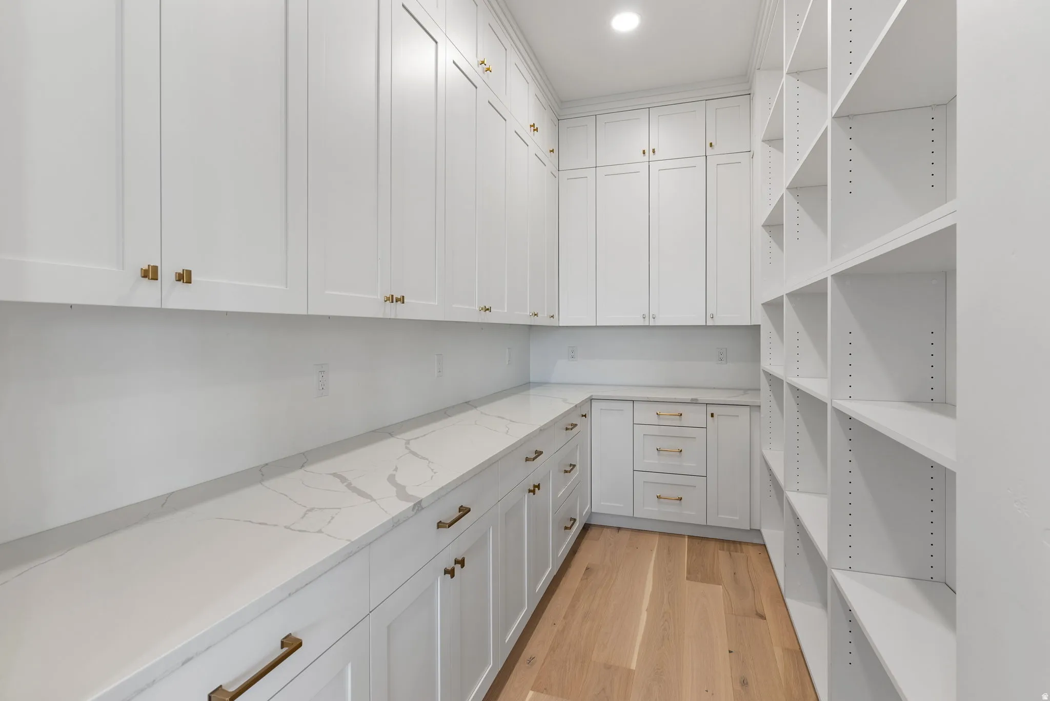 Extensive pantry featuring white shaker cabinetry, gold-finish hardware, light-toned wood-finish flooring, and white countertops with subtle veining