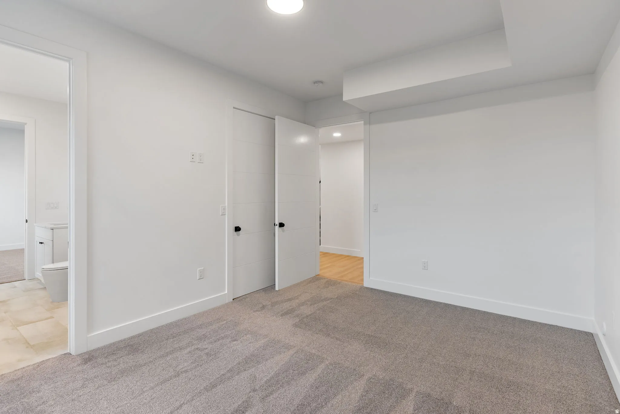 Neutral-toned carpeting paired with white walls, doors, and trim