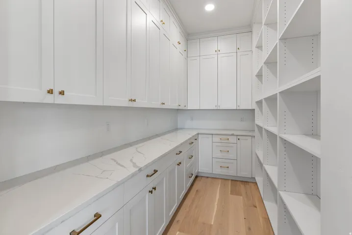 Extensive pantry featuring white shaker cabinetry, gold-finish hardware, light-toned wood-finish flooring, and white countertops with subtle veining