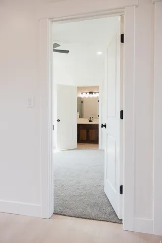 White paneled doors with matte black hardware, light wood-finish flooring, and gray carpeting