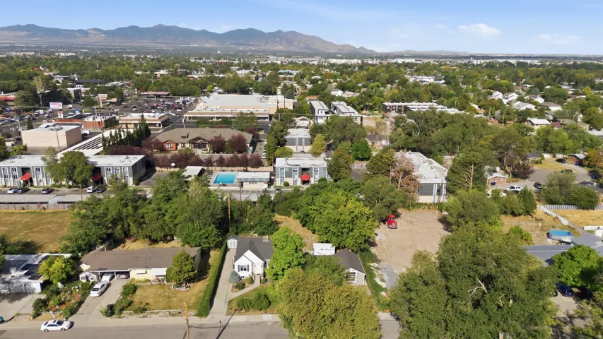 Expansive neighborhood with established trees, multiple residential structures, and distant mountains