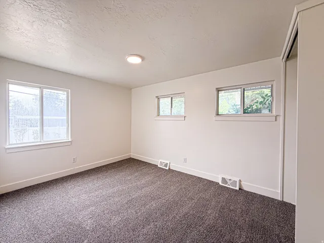 Neutral white wall paint, dark grey textured carpeting, multiple windows, and a built-in closet with sliding doors