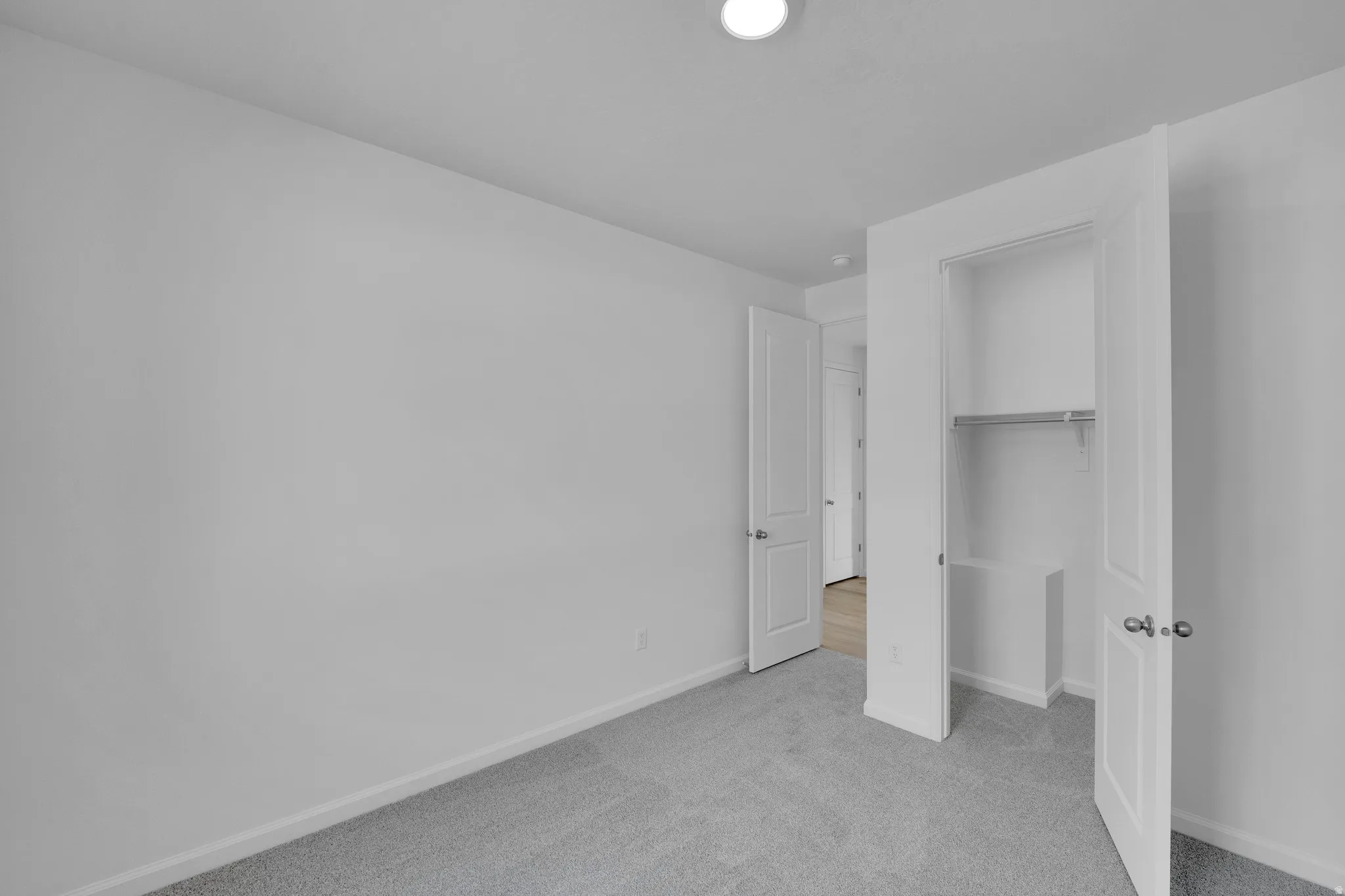 Plush gray carpeting, white trim, and a built-in closet with shelving and a hanging rod