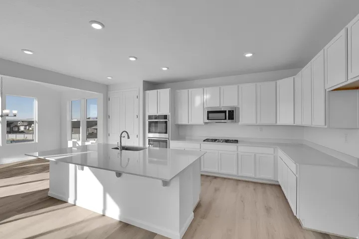 Open-concept kitchen featuring an expansive central island with an undermount sink, white cabinetry, integrated stainless steel appliances, and wood-finish flooring