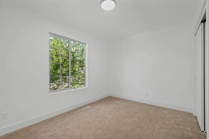Window with natural light, neutral carpeting, white walls, and a flush-mount ceiling light