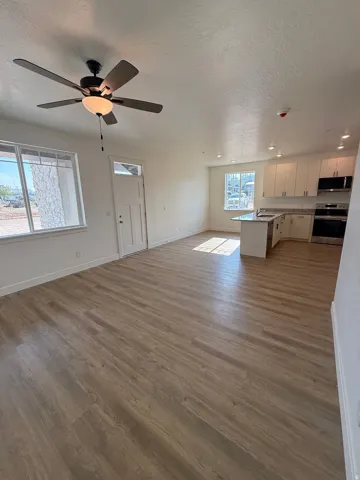 Open-concept living area with wood-finish flooring, a ceiling fan, and recessed lighting