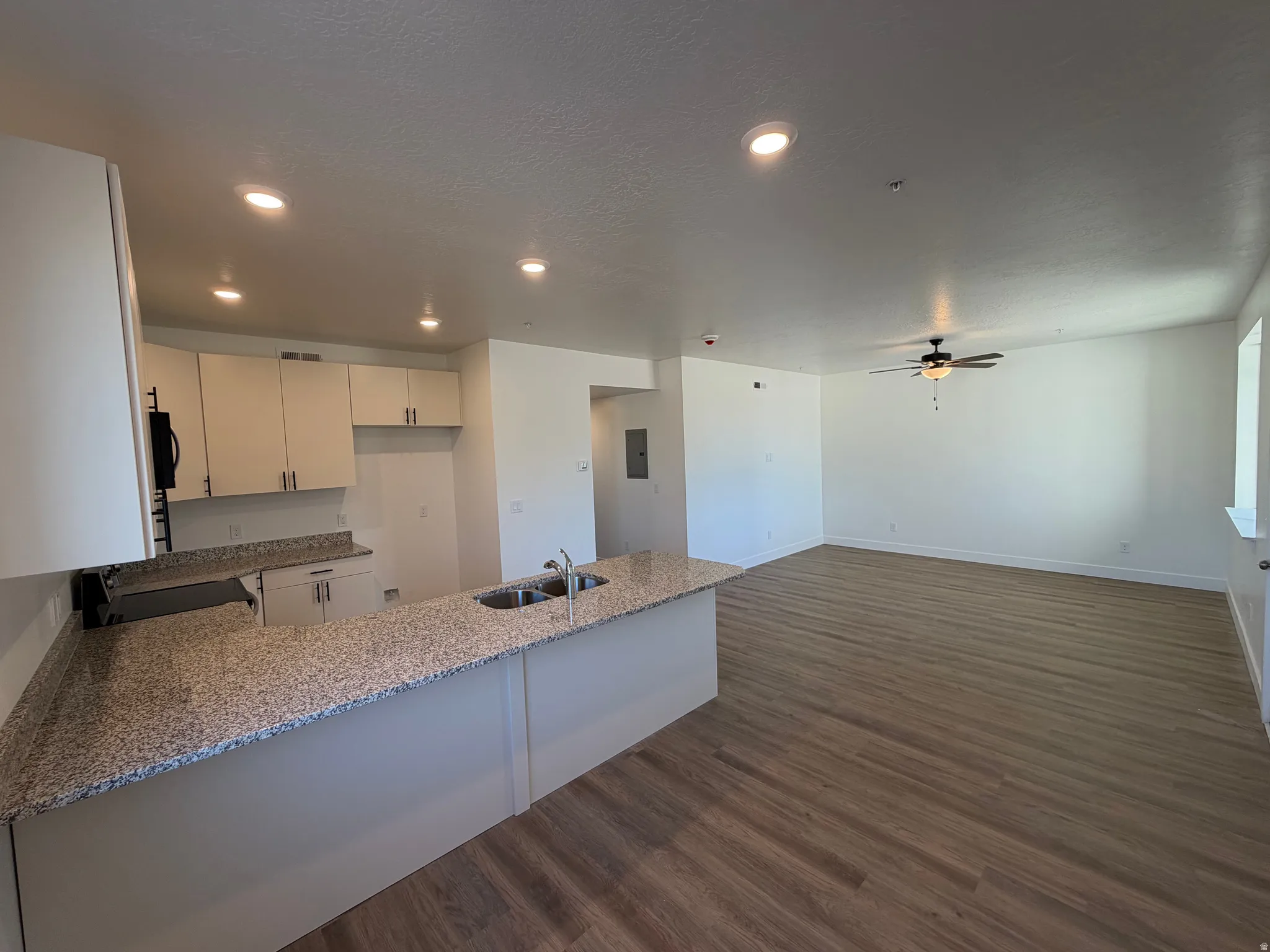 Open-concept living space with wood-finish flooring