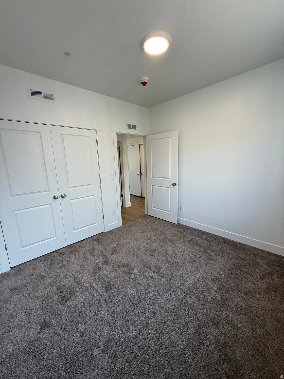 Plush carpeting, recessed lighting, white interior doors, and modern hardware