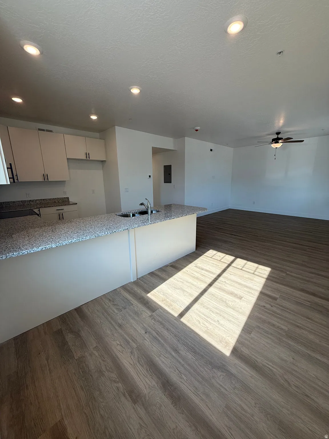 Open-concept living space with wood-finish flooring, recessed lighting, and a ceiling fan