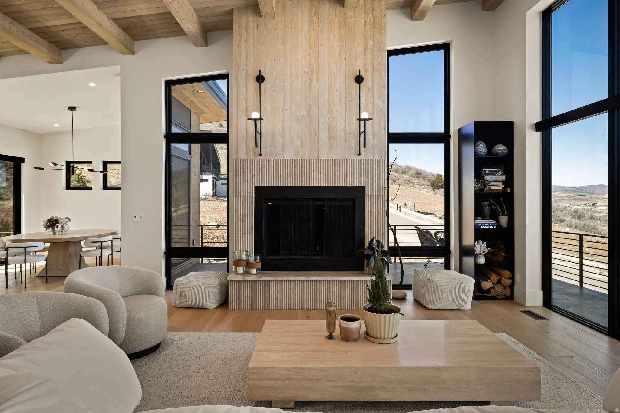 Wood-beam ceiling and light wood-finish flooring