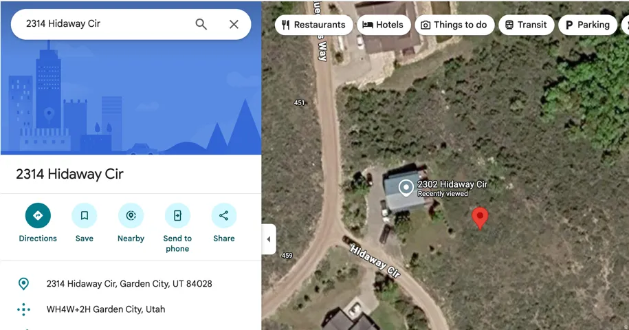 Mapping Application. Displaying the location of the property at 2314 Hidaway Cir, Garden City, UT 84028