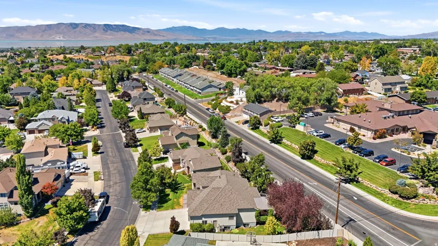 Residential neighborhood with mature trees, paved streets, and a distant body of water with mountainous terrain