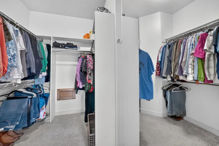 Walk-in closet featuring wire shelving, built-in storage, and light gray carpeting