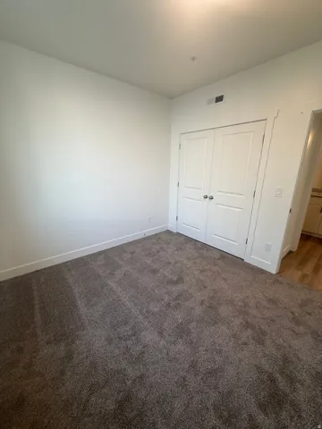 Plush carpeting, recessed ceiling lighting, and a bi-fold closet door with contemporary hardware
