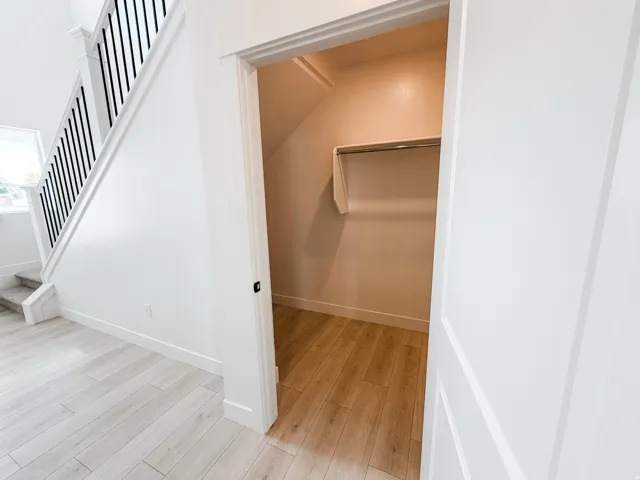 Under-stair storage closet with hanging rod, wood-finish flooring, and white trim