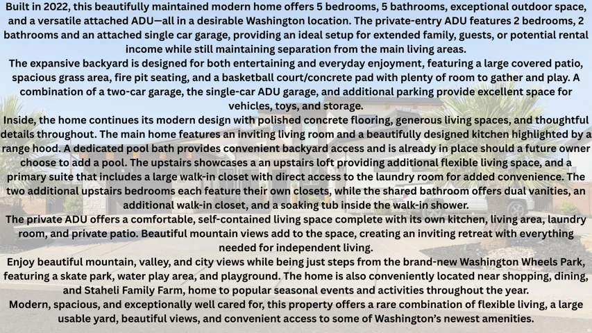 Property Description. Detailing structural features, outdoor amenities, and surrounding area attributes of the property