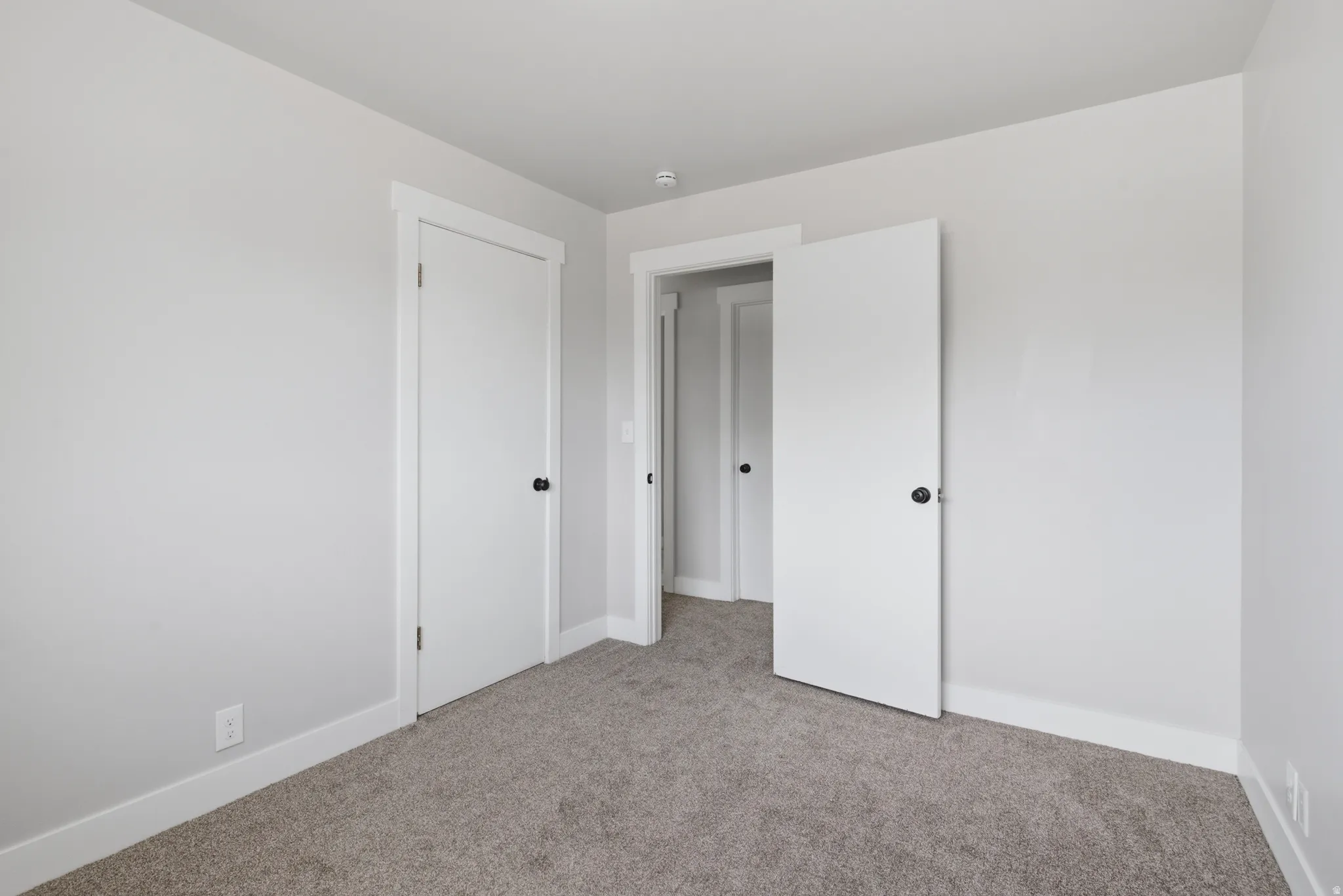 Light gray wall paint, gray carpet, white trim, white interior doors, and black door hardware