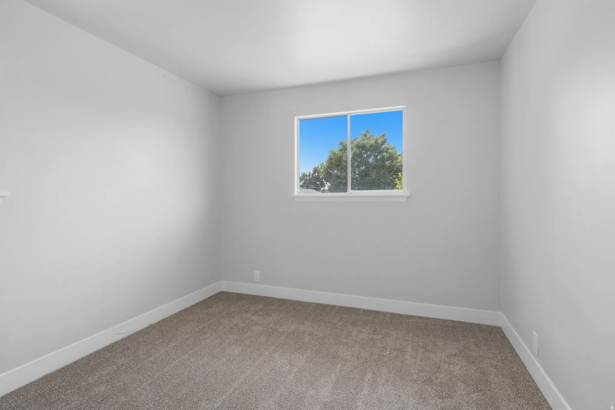 Neutral-toned walls, carpeted flooring, and a window with white trim