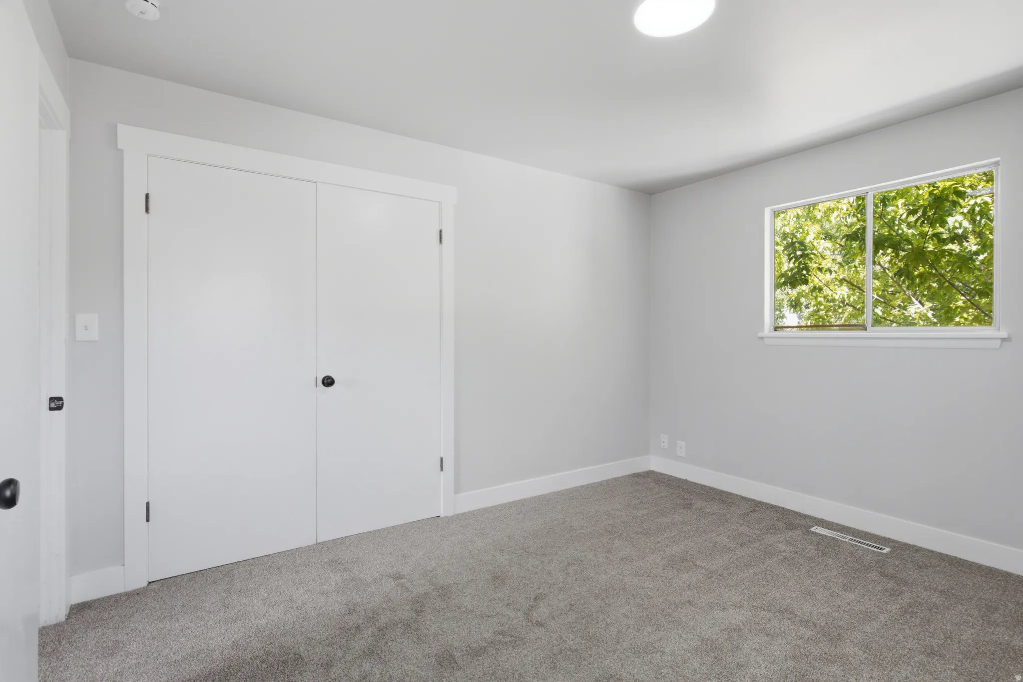 Gray-toned carpeting, white baseboards, and a double-door closet with dark hardware