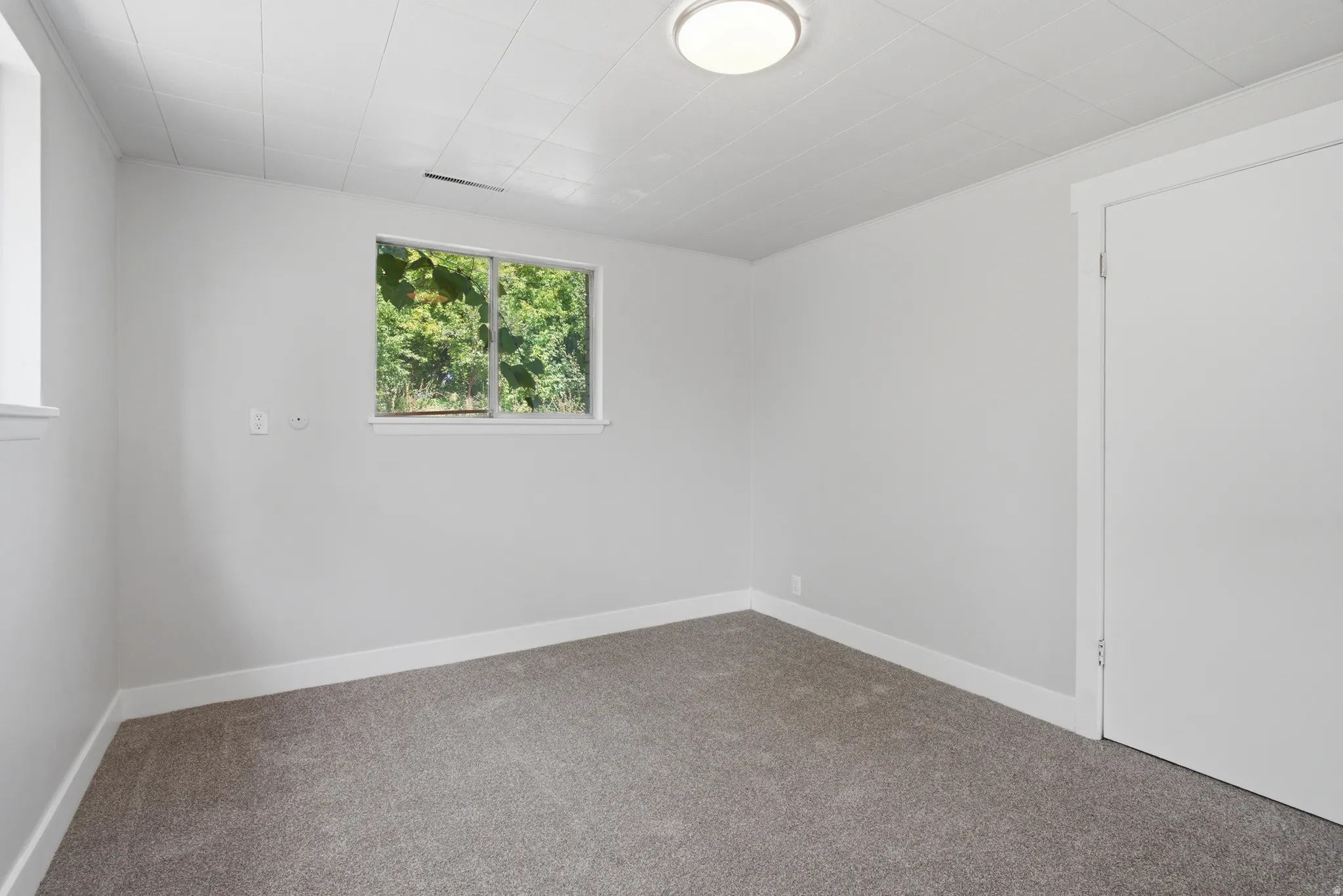 Room featuring light gray walls, gray carpet flooring, white trim, and a white ceiling with a flush-mount light fixture