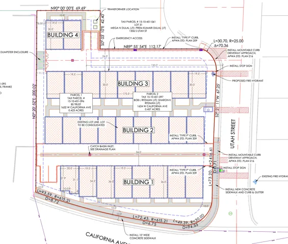 Site Plan. Multi-building residential development layout showing four buildings with unit configurations, parking areas, access points, and utility infrastructure across the property