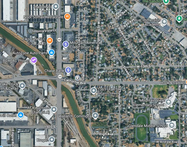 Geographic Information System (GIS) Map. Displaying an aerial view of a defined urban area with identified commercial and residential structures