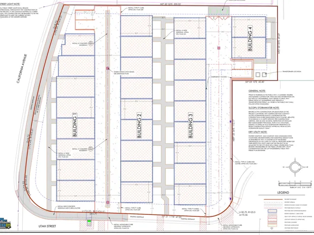 Site Plan. Illustrating the layout of multiple buildings and associated infrastructure on the property