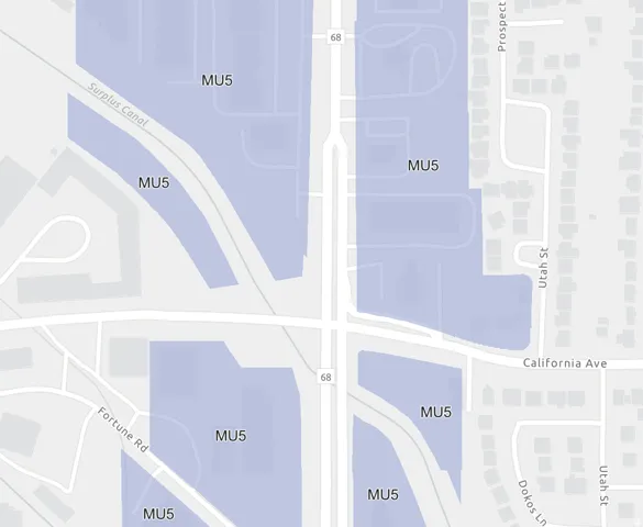 Zoning Map. Depicting designated MU5 mixed-use zones and street infrastructure for the property area bounded by California Avenue and surrounding thoroughfares