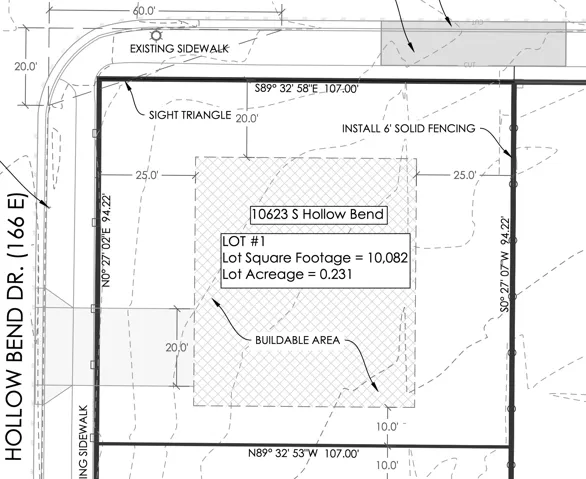 Site Plan. Detailing property dimensions, buildable area, and proposed fencing for the lot