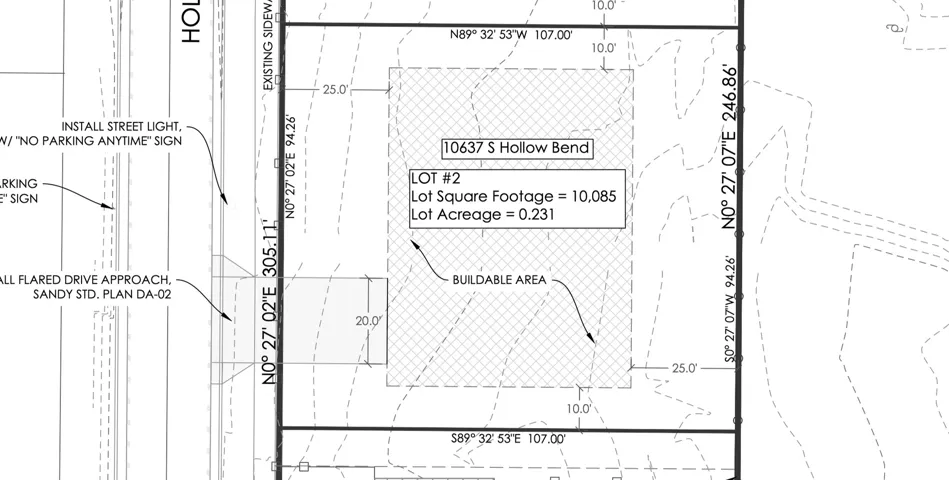 Survey Plat, Lot 2 Detail. Illustrating the property's boundaries, dimensions, and buildable area