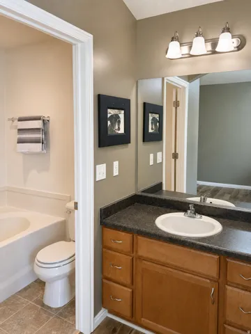 Vanity with an integrated sink, wood-finish cabinetry, and a dark countertop