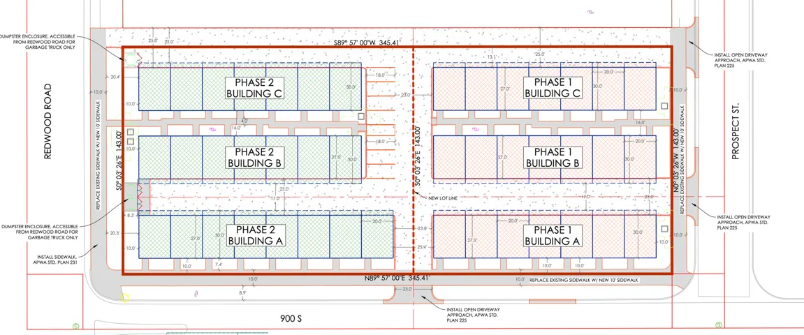 Site Plan. Illustrating the property's two development phases, each with three buildings labeled A, B, and C, along with surrounding roads and dimensions
