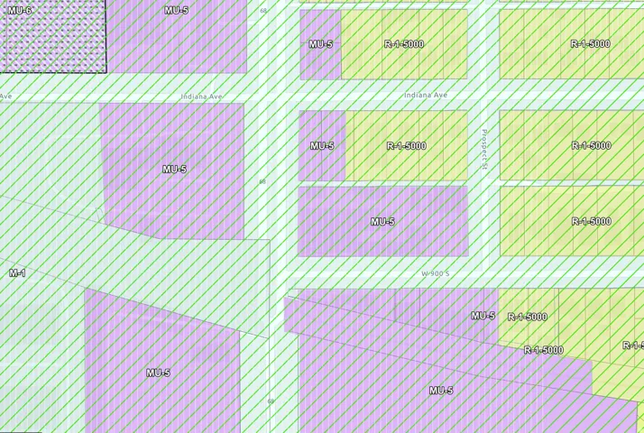 Zoning Map, Section. Displaying various zoning designations including MU-5, R-1-5000, and M-1 for the property