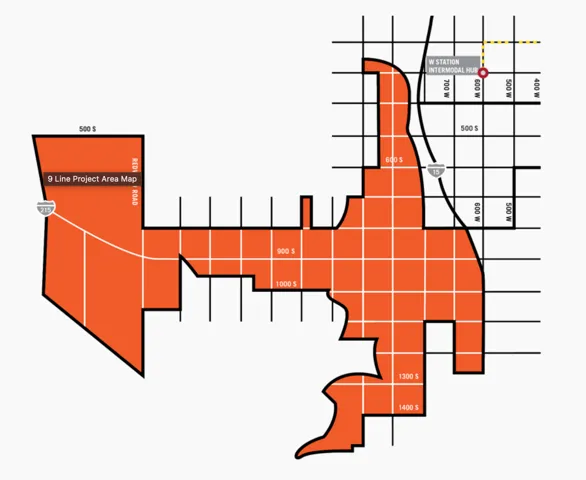 Project Area Map. Illustrating the designated boundaries of the 9 Line project, including road and station indicators