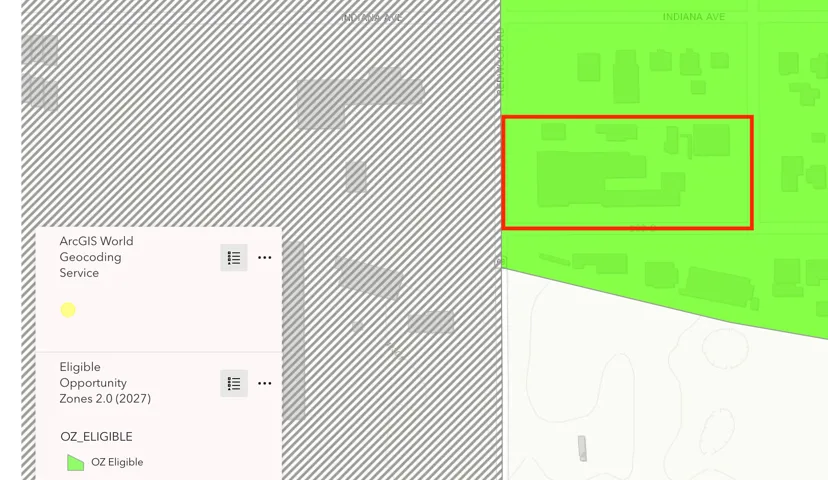 Geographic Information System Map. Displaying eligible Opportunity Zones and geocoding service information for the property