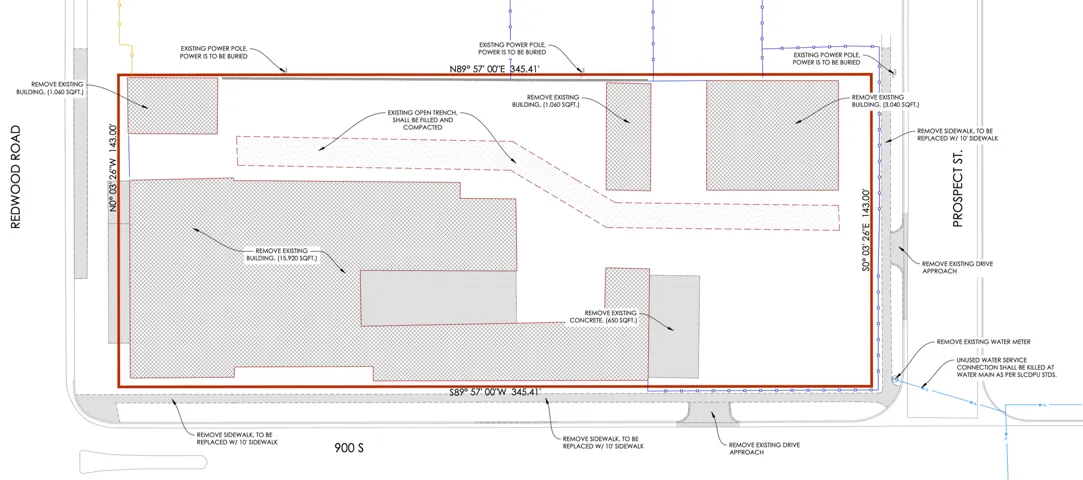 Site Plan. Depicting the property boundaries, existing structures, and proposed modifications for the site, including utility and road adjustments
