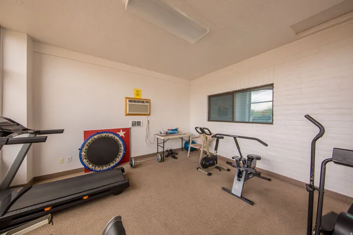 Carpeted flooring, white painted walls, and a single window with horizontal blinds