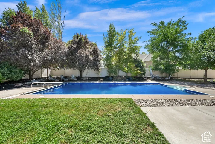 In-ground swimming pool with concrete decking, surrounding mature trees, and a white privacy fence