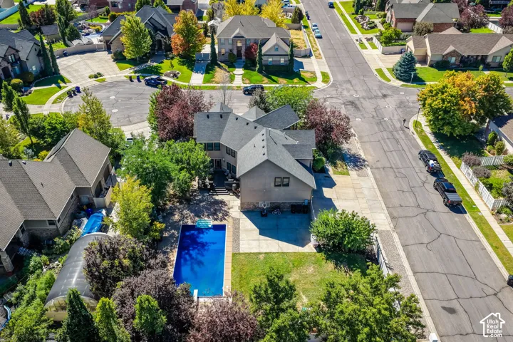 Expansive rear yard featuring an in-ground swimming pool, manicured lawn, and mature trees