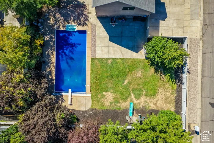 Aerial view showcasing a sparkling  pool with deep blue finish, manicured lawn with mature landscaping, concrete hardscaping and patio areas, and established shade trees providing natural coverage throughout the grounds