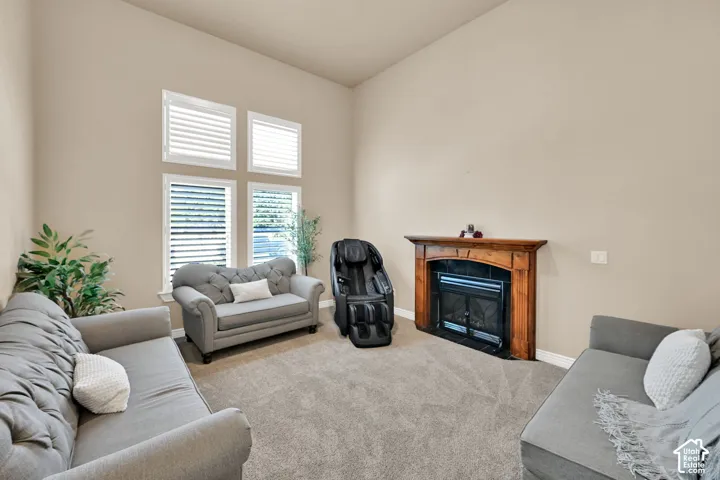 Vaulted ceiling, with plantation shutters, wood-mantled fireplace