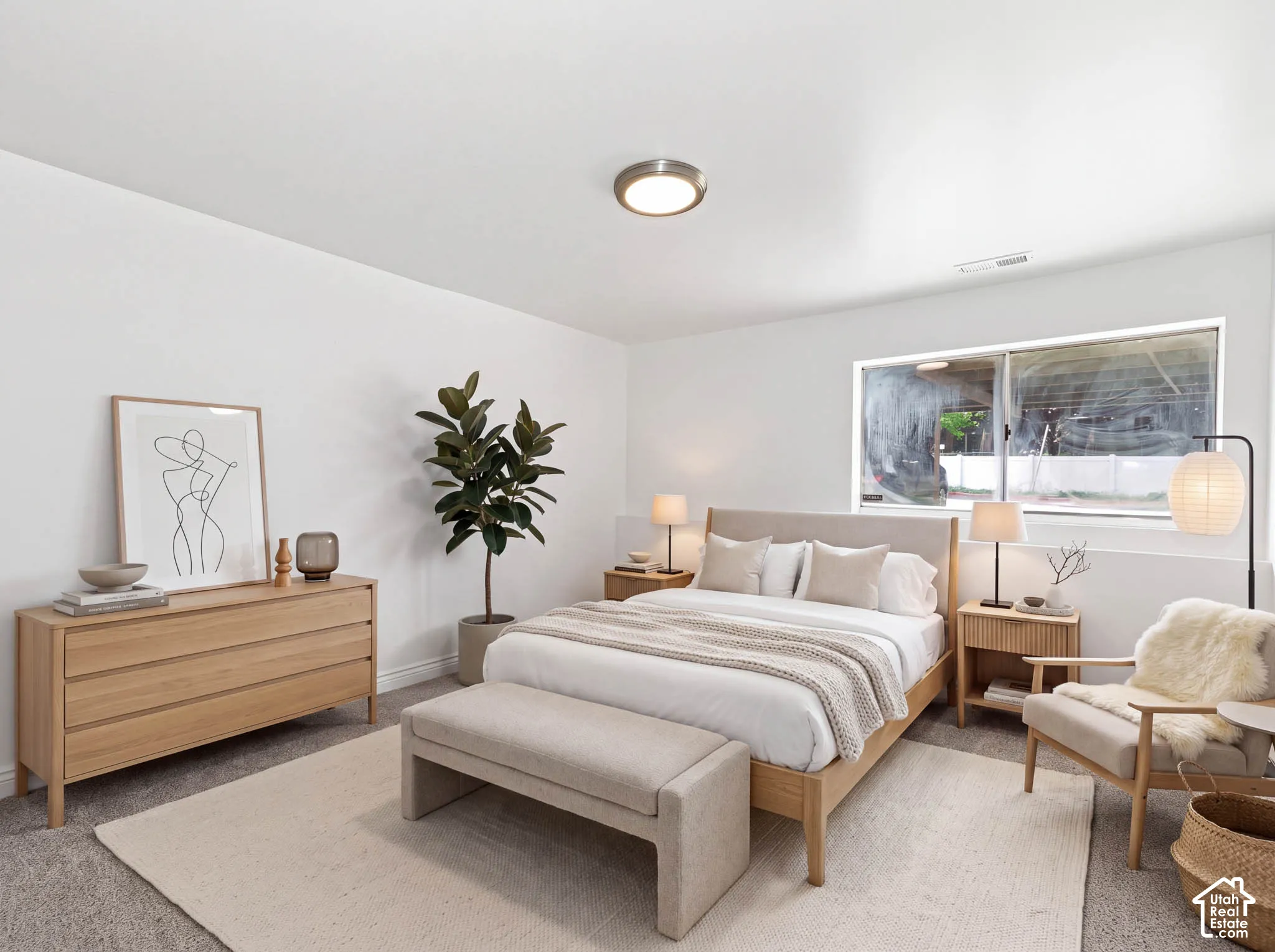 Recessed window with a white frame