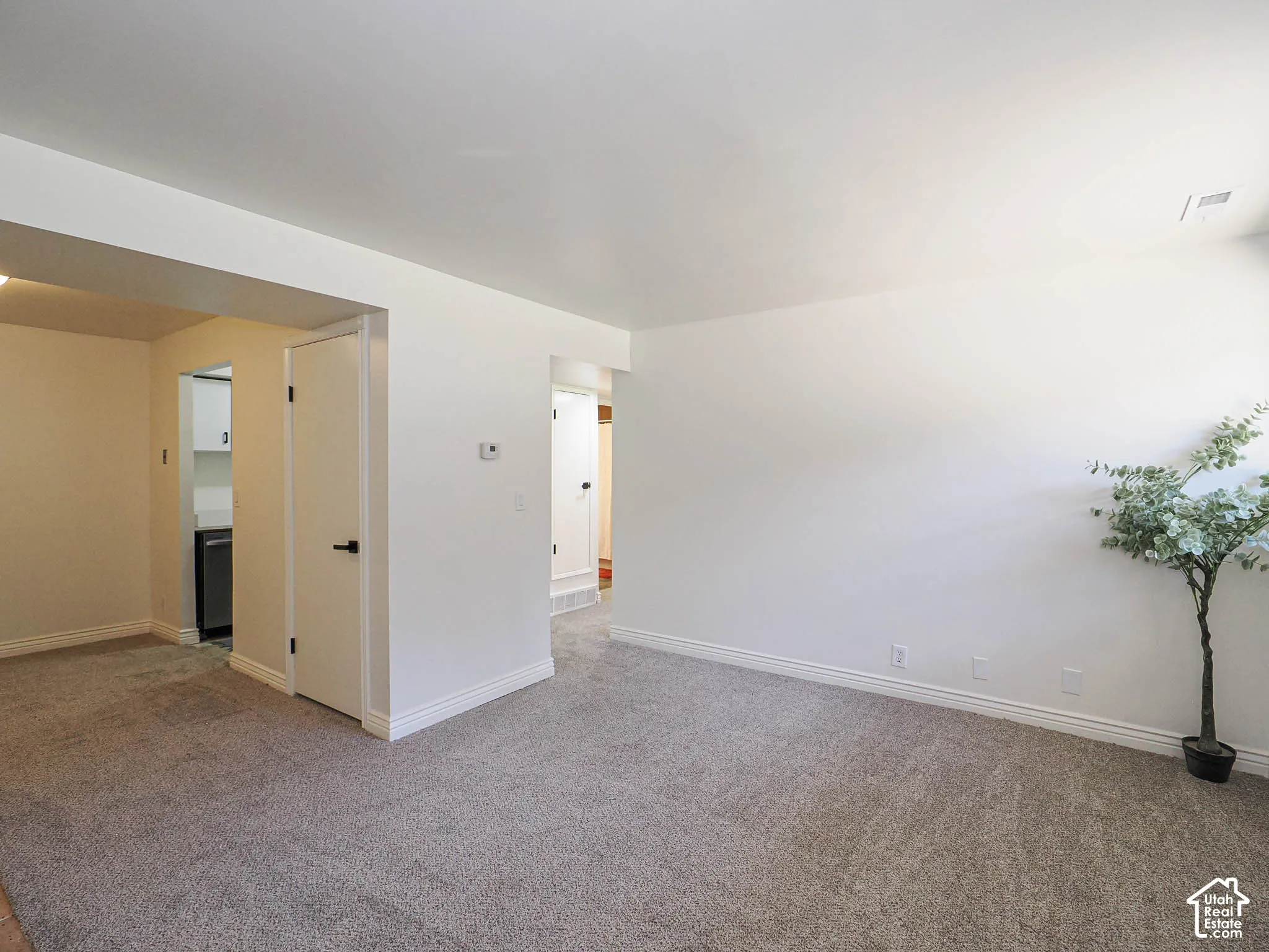 Wall-to-wall carpeting throughout, clean white walls, and bright overhead lighting