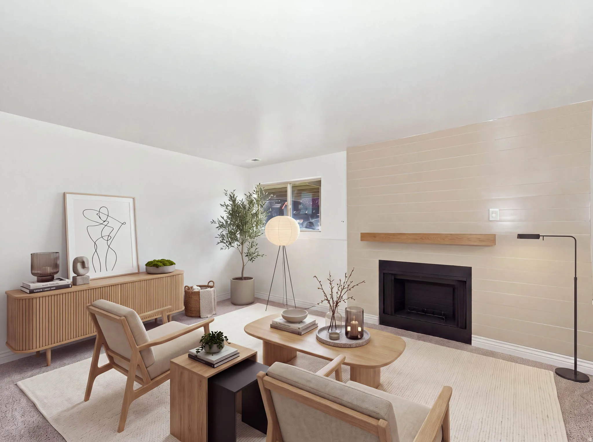 Built-in fireplace with a wood mantle, complemented by a horizontal panel accent wall